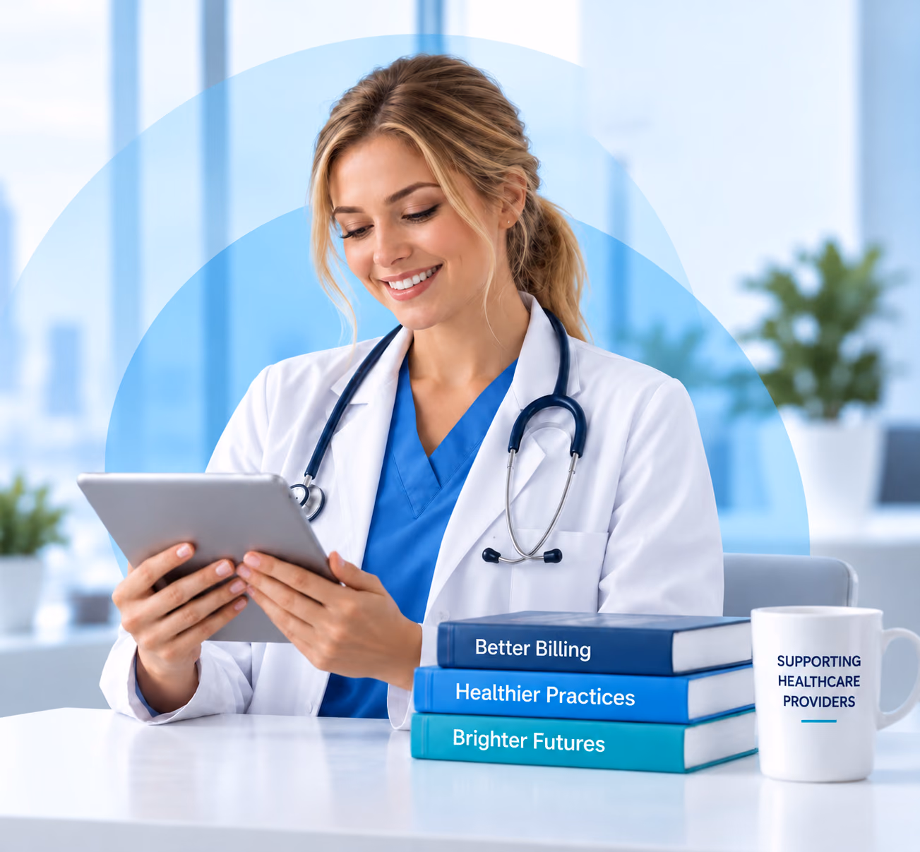 A clinician reviewing patient records on a tablet, beside books reading Better Billing, Healthier Practices, and Brighter Futures